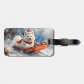 Samoyed Dog in Sledge Laat het Sneeuw Kerstmis Bagagelabel (Achterkant horizontaal)