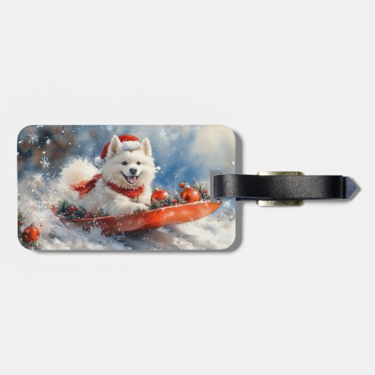 Samoyed Dog in Sledge Laat het Sneeuw Kerstmis Bagagelabel (Achterkant horizontaal)