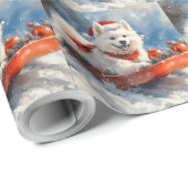 Samoyed Dog in Sledge Laat het Sneeuw Kerstmis Cadeaupapier (Rol Hoek)