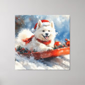 Samoyed Dog in Sledge Laat het Sneeuw Kerstmis Canvas Afdruk (Voorkant)