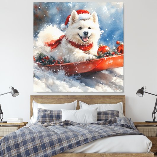 Samoyed Dog in Sledge Laat het Sneeuw Kerstmis Canvas Afdruk (Insitu (Slaapkamer))