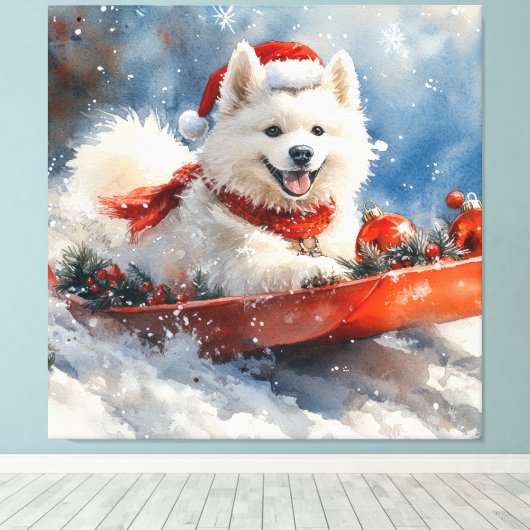 Samoyed Dog in Sledge Laat het Sneeuw Kerstmis Canvas Afdruk (Insitu (Houten vloer))