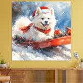 Samoyed Dog in Sledge Laat het Sneeuw Kerstmis Canvas Afdruk (Insitu (Woonkamer))