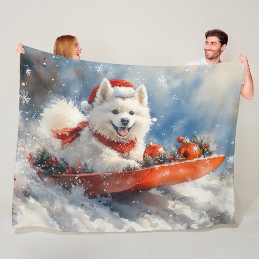 Samoyed Dog in Sledge Laat het Sneeuw Kerstmis Fleece Deken (In situ)