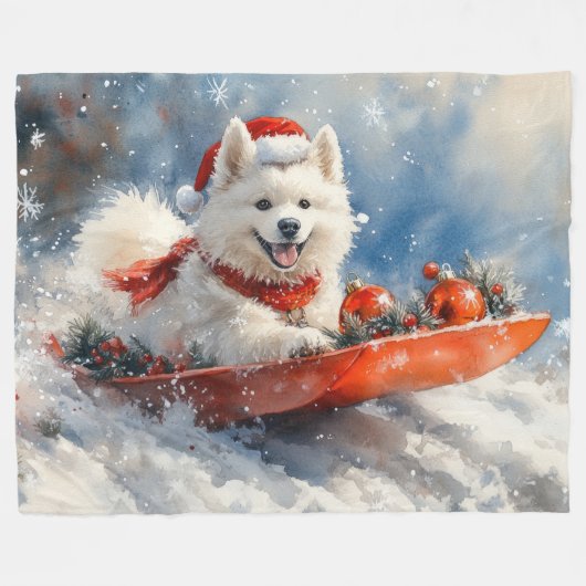 Samoyed Dog in Sledge Laat het Sneeuw Kerstmis Fleece Deken (Voorkant (Horizontaal))