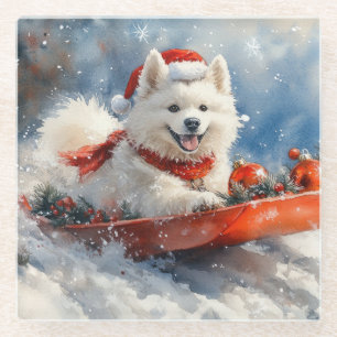 Samoyed Dog in Sledge Laat het Sneeuw Kerstmis Glazen Onderzetter