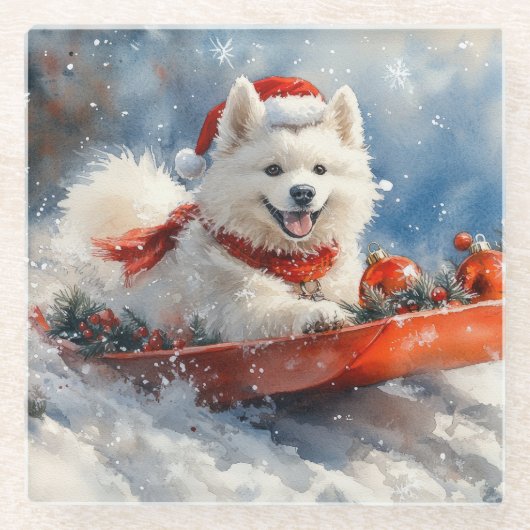 Samoyed Dog in Sledge Laat het Sneeuw Kerstmis Glazen Onderzetter (Voorkant)