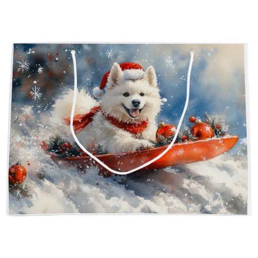 Samoyed Dog in Sledge Laat het Sneeuw Kerstmis Groot Cadeauzakje (Voorkant)
