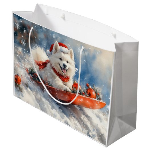 Samoyed Dog in Sledge Laat het Sneeuw Kerstmis Groot Cadeauzakje (Achterkant Gekanteld)