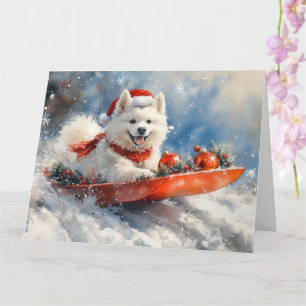 Samoyed Dog in Sledge Laat het Sneeuw Kerstmis Kaart