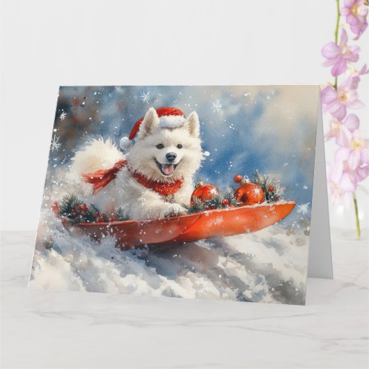 Samoyed Dog in Sledge Laat het Sneeuw Kerstmis Kaart (Orchidee)