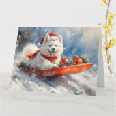 Samoyed Dog in Sledge Laat het Sneeuw Kerstmis Kaart (Gele Bloem)