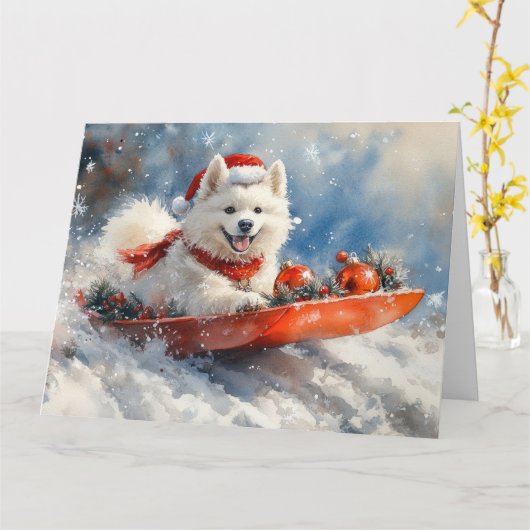 Samoyed Dog in Sledge Laat het Sneeuw Kerstmis Kaart (Gele Bloem)