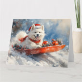 Samoyed Dog in Sledge Laat het Sneeuw Kerstmis Kaart (Voorkant)