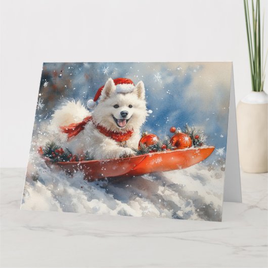 Samoyed Dog in Sledge Laat het Sneeuw Kerstmis Kaart (Voorkant)
