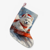 Samoyed Dog in Sledge Laat het Sneeuw Kerstmis Kleine Kerstsok (Voorkant (Hangend))