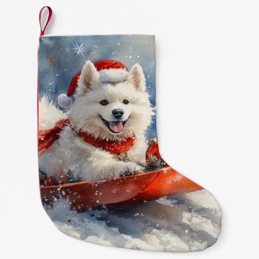 Samoyed Dog in Sledge Laat het Sneeuw Kerstmis Kleine Kerstsok (Voorkant)