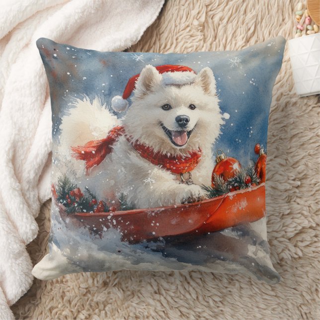 Samoyed Dog in Sledge Laat het Sneeuw Kerstmis Kussen (Deken)
