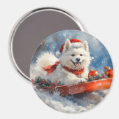 Samoyed Dog in Sledge Laat het Sneeuw Kerstmis Magneet (Voorkant / Achterkant)