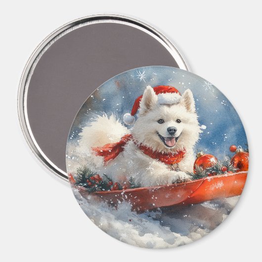 Samoyed Dog in Sledge Laat het Sneeuw Kerstmis Magneet (Voorkant / Achterkant)