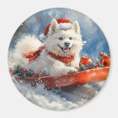 Samoyed Dog in Sledge Laat het Sneeuw Kerstmis Magneet (Voorkant)