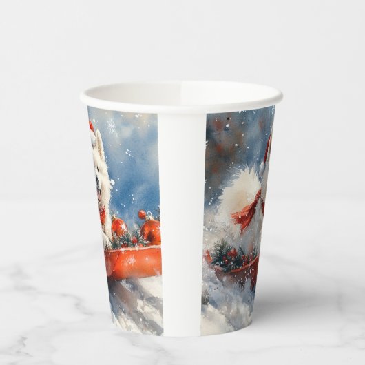 Samoyed Dog in Sledge Laat het Sneeuw Kerstmis Papieren Bekers (Links)