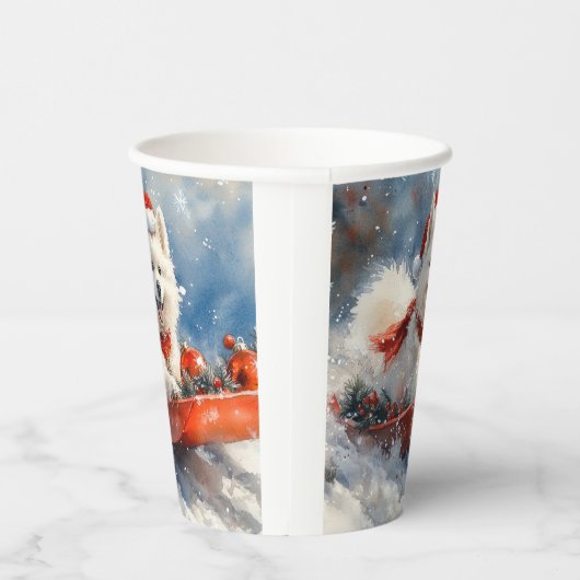 Samoyed Dog in Sledge Laat het Sneeuw Kerstmis Papieren Bekers (Rechts)
