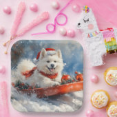 Samoyed Dog in Sledge Laat het Sneeuw Kerstmis Papieren Bordje (Feest)