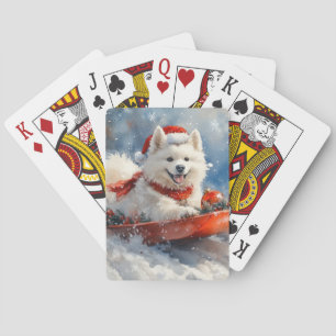 Samoyed Dog in Sledge Laat het Sneeuw Kerstmis Pokerkaarten