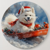 Samoyed Dog in Sledge Laat het Sneeuw Kerstmis Ronde Button 6,0 Cm (Voorkant)