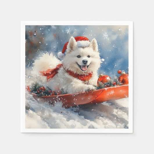 Samoyed Dog in Sledge Laat het Sneeuw Kerstmis Servet (Voorkant)