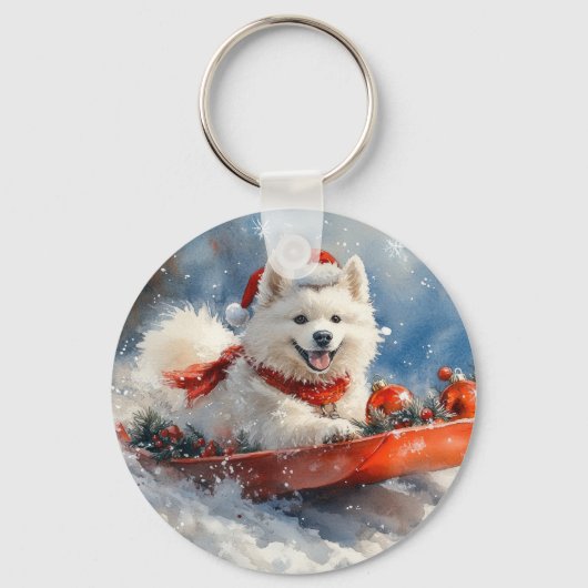 Samoyed Dog in Sledge Laat het Sneeuw Kerstmis Sleutelhanger (Voorkant)