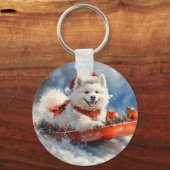 Samoyed Dog in Sledge Laat het Sneeuw Kerstmis Sleutelhanger (Voorkant)