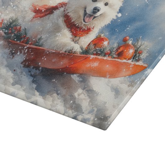 Samoyed Dog in Sledge Laat het Sneeuw Kerstmis Snijplank (Hoek)