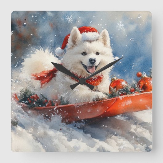 Samoyed Dog in Sledge Laat het Sneeuw Kerstmis Vierkante Klok (Voorkant)