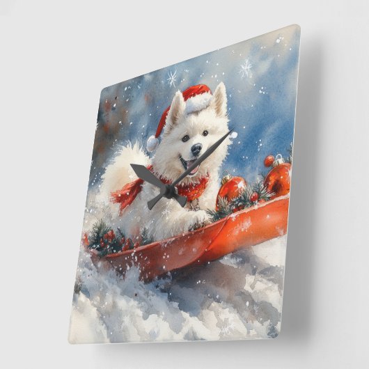 Samoyed Dog in Sledge Laat het Sneeuw Kerstmis Vierkante Klok (Hoek)