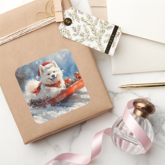 Samoyed Dog in Sledge Laat het Sneeuw Kerstmis Vierkante Sticker (Geschenken)
