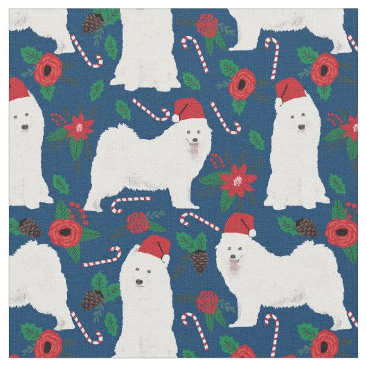 Samoyed dog Kerstmis floral navy blue Stof (Close Up)