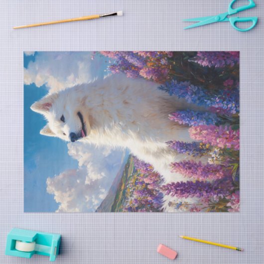 Samoyed Dog Paarse Lupine Flowers Decoupage Tissuepapier (Craft)