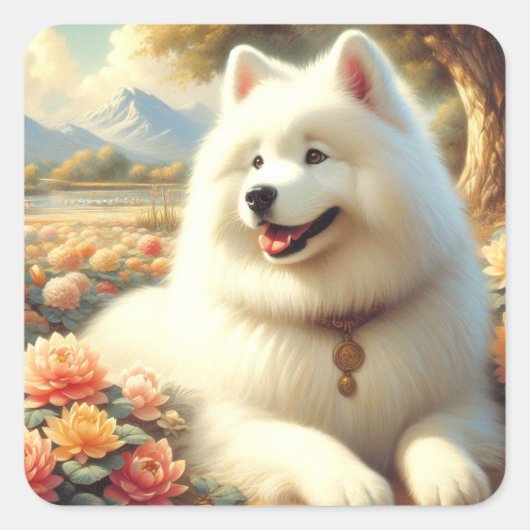  Samoyed Dog Painting Vierkante Sticker (Voorkant)