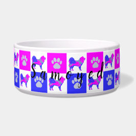 Samoyed Dog & Paw Hot Pink & Blue Pet Bowl Voerbakje