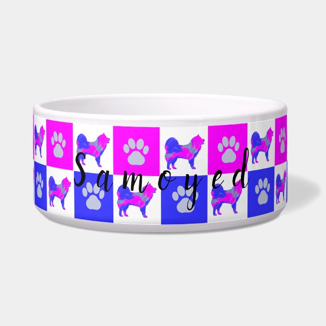 Samoyed Dog & Paw Hot Pink & Blue Pet Bowl Voerbakje (Voorkant)
