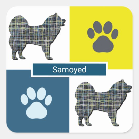 Samoyed Dog & Paw Y&B Grid Vierkante Sticker (Voorkant)