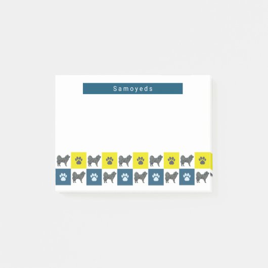 Samoyed Dog & Paw Yellow & Blue Grid Silhouette Post-it® Notes (Voorkant)