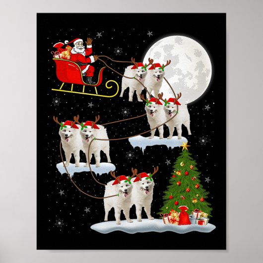 Samoyed Dog Santa Sleigh Flying Funny Magical Chri Poster (Voorkant)