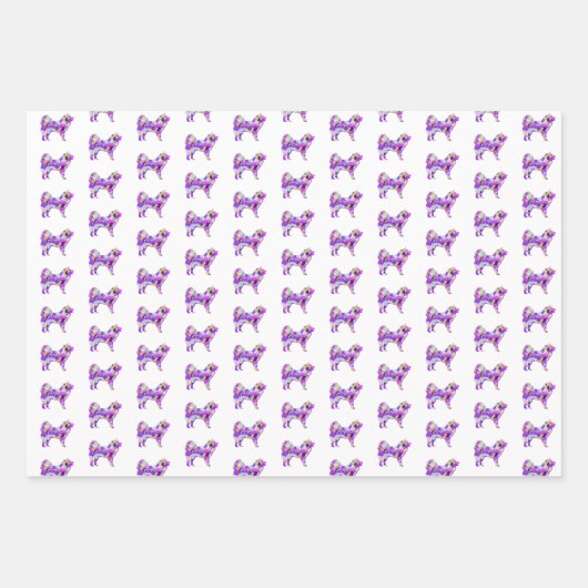 Samoyed Dog Silhouet Paarse Happy Birthday Inpakpapier Vel (Voorkant 3)