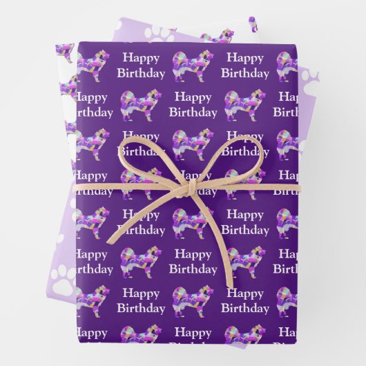 Samoyed Dog Silhouet Paarse Happy Birthday Inpakpapier Vel (In situ)