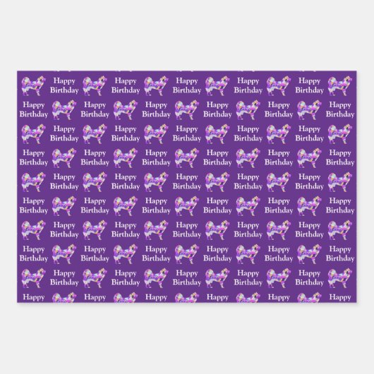Samoyed Dog Silhouet Paarse Happy Birthday Inpakpapier Vel (Voorkant)