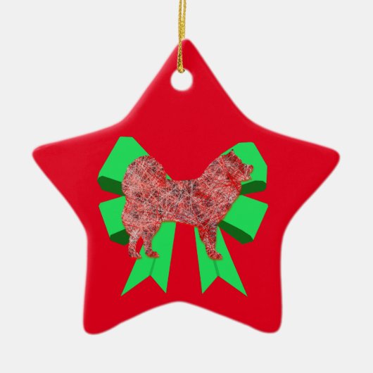 Samoyed Dog Silhouette Green Bow Kerstmis Keramisch Ornament (Voorkant)