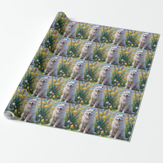Samoyed Dog Spring Bloemen Schilderen Cadeaupapier (Uitgerold)